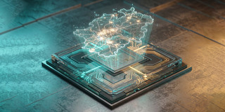 Ein Mikrochip über dem eine holografische Karte NRWs schwebt.
