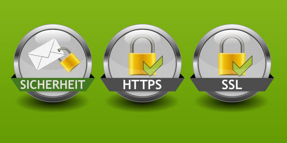 3 Buttons nebeneinander: 1. Brief mit einem Schloss und Begriff Sicherheit, 2. Schloss mit ok-Haben und Begriff HTTPS, 3. Schloss mit ok-Haken und Begriff SSL
