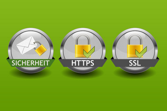 3 Buttons nebeneinander: 1. Brief mit einem Schloss und Begriff Sicherheit, 2. Schloss mit ok-Haben und Begriff HTTPS, 3. Schloss mit ok-Haken und Begriff SSL