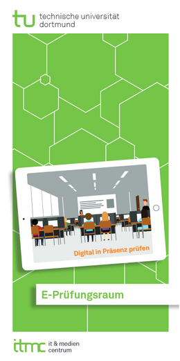 Grünes Deckblatt vom Flyer E-Prüfungsraum