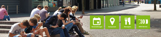 Studenten auf dem Campus schauen auf ihr Smartphone. Rechts auf dem Bild sind Icons der TU App eingeblendet.