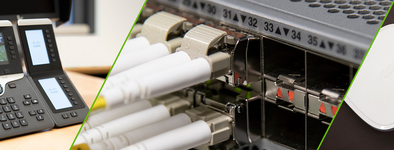 dreigeteiltes Bild: Telefon, Kabel an Steckplätzen, Wlan-Router und Smartphone