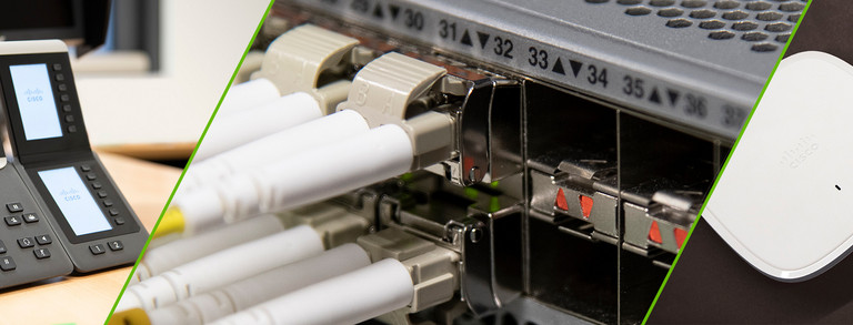 three-part picture: telephone, cable at slots, Wlan router and smartphone