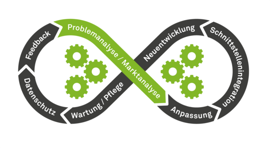 Begriffe des Ablaufs der Softwareentwicklung als liegende Acht: hier Problem-, Marktanalyse hervorgehoben