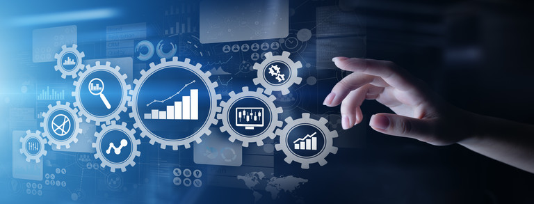 Data analysis Big Data analysis, Business process analytics diagrams with gears and icons on virtual screen.