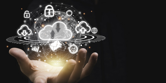 Hand holding virtual cloud computing with world and technology item