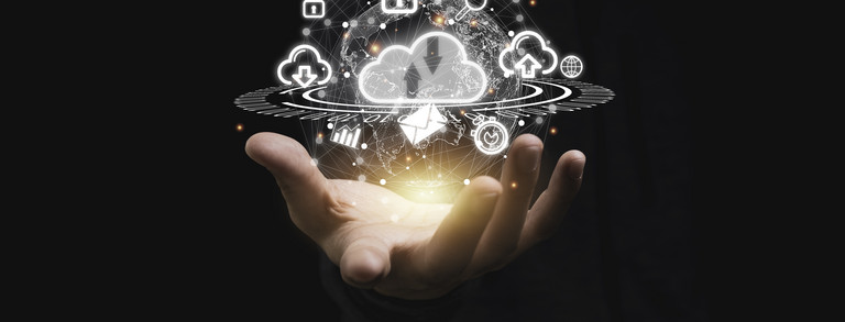 Hand holding virtual cloud
