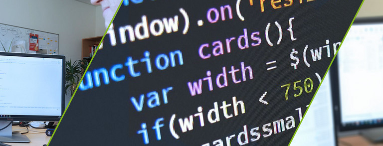 Dreigeteiltes Bild; Monitore, Quellcode, Programmiererin am Computer