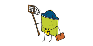 Illustration Strichmännchen mit Hut, Fernglas und Fangnetz