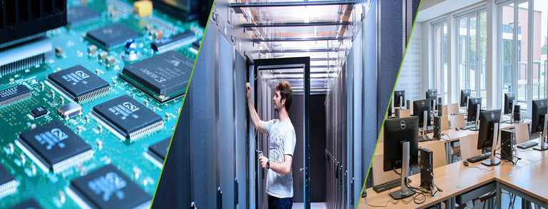 circuit board-server-pool Collage from circuit board, server corridor, pool