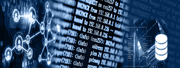 Collage of three pictures: Network nodes with stylized persons and clouds, program code, database stylized to the barrel