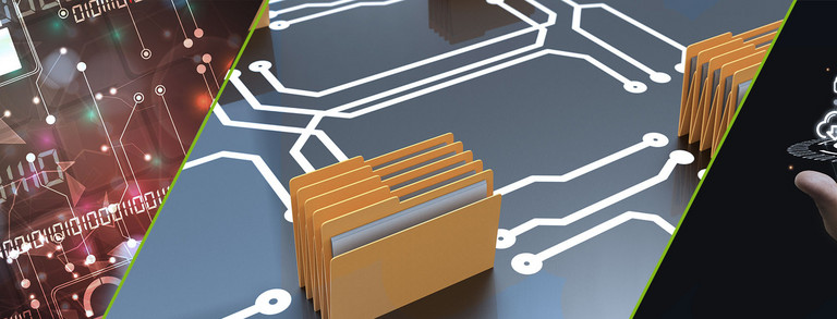 Three-part image: lock on circuit board, briefcases arranged on a board, virtual cloud