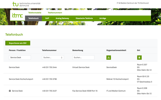 Screenshort der Telefondatenbank