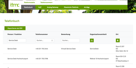 Screenshort der Telefondatenbank