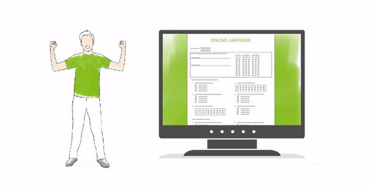 Screen with online survey sheet and person drawn in cheering position