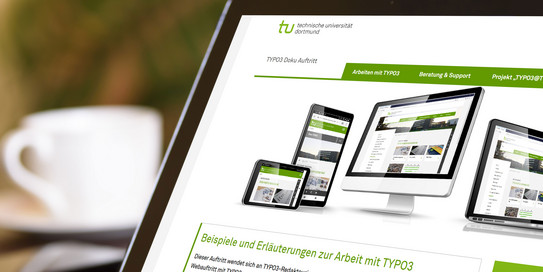 Laptop mit Typo3-Doku-Auftritt Laptop mit Startbildschirm vom Typo3-Doku-Auftritt