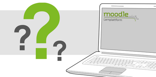 Laptop with moodle logo and large question marks