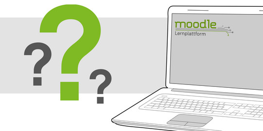 Laptop mit moodle-Logo und großen Fragezeichen