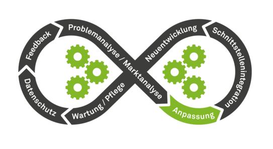 Begriffe des Ablaufs der Softwareentwicklung als liegende Acht: hier Anpassung hervorgehoben