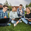 Eine Gruppe studierender lernt auf der Wiese.